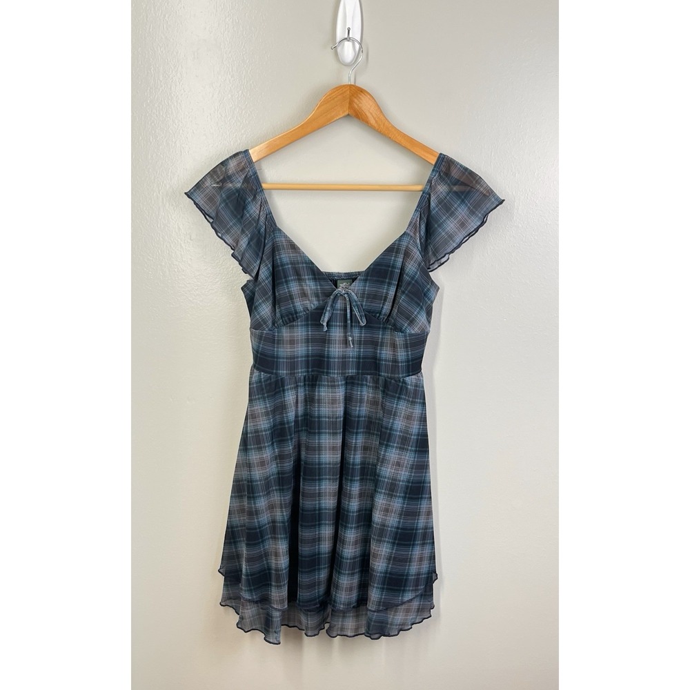 Wild Fable Dress Women Sz XS 0-2 Blue Plaid Flutter Sleeve Mini V-Neck Summer